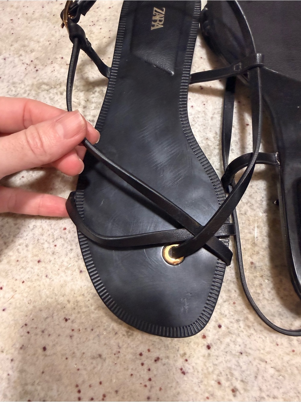 Zara Black Strappy Leather Flat Sandals with Gold Buckle - Picture 5 of 5